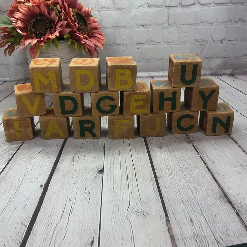 vtg 17 wooden blocks nursery decor playroom classroom cottagecore rustic